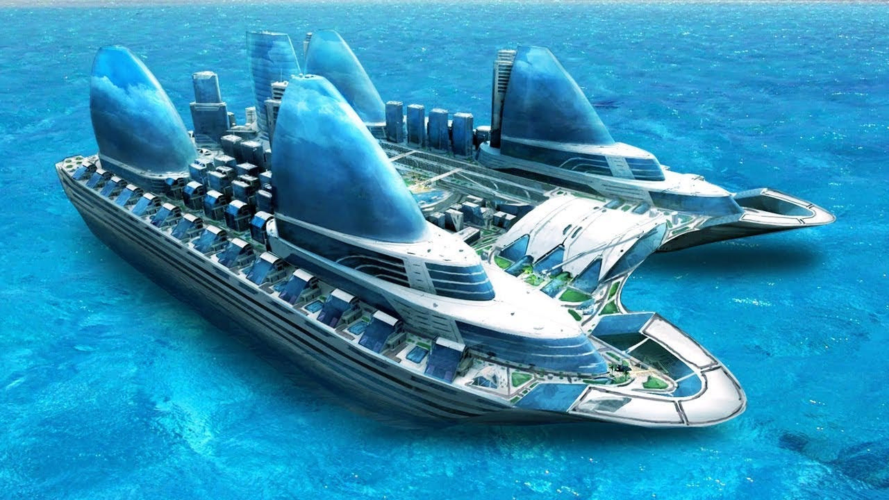 Illustrazione di una grande imbarcazione futuristica con edifici e strutture blu sul mare
