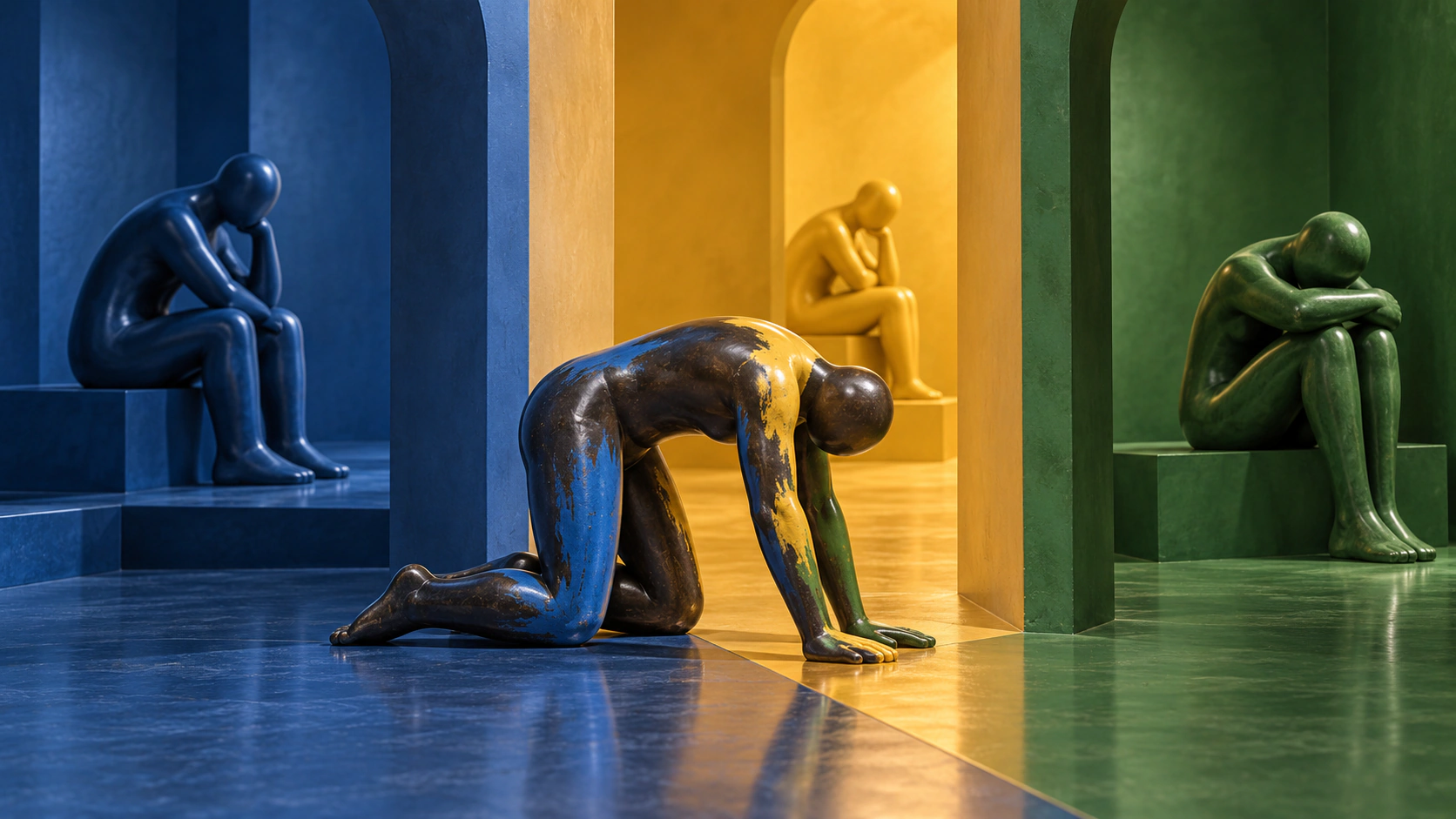 Sculture di figure umane senza volto in tre nicchie blu, gialla e verde: tre siedono piegate su sé stesse, una in primo piano avanza carponi, con il corpo macchiato dei tre colori