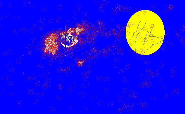 Disegno con Paint di un cielo blu a puntini rossi, con una luna gialla e una nube chiara a spruzzo