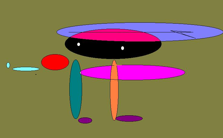 Disegno con Paint su fondo oliva, con un'ellisse nera con due occhi bianchi, ellissi lilla e magenta e lunghe ellissi verticali