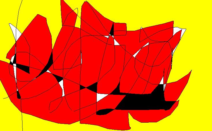 Disegno con Paint di una massa di punte rosse con contorni neri e lampi bianchi su fondo giallo