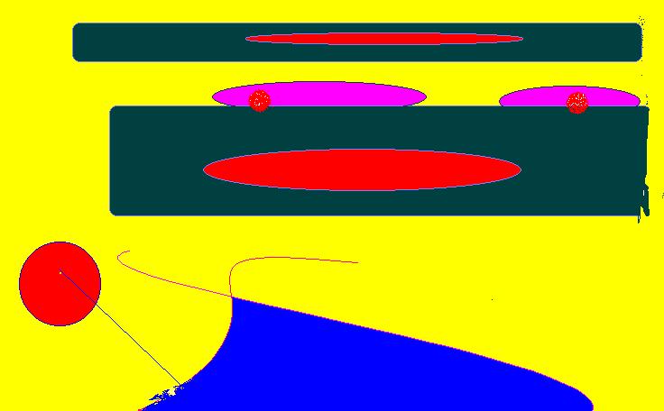 Disegno astratto con Paint su fondo giallo, con due rettangoli verde scuro, ellissi rosse e magenta, un cerchio rosso e un'onda blu in basso