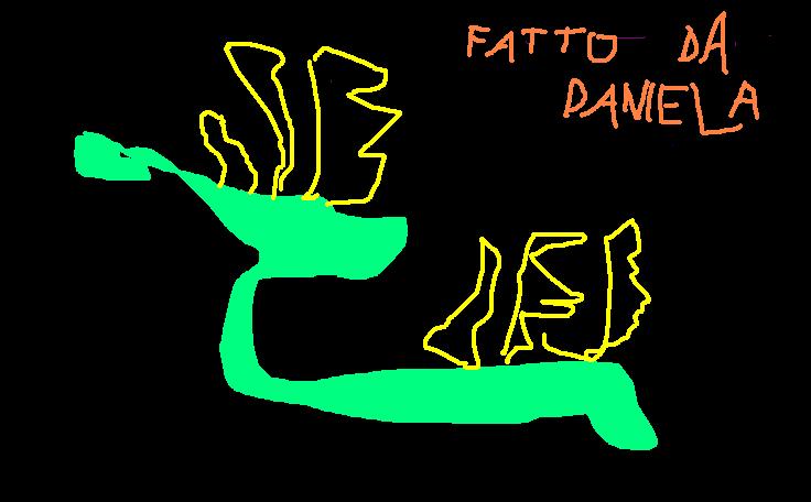 Disegno con Paint su fondo nero, con un drago verde acqua, fiamme gialle e la scritta arancione fatto da Daniela