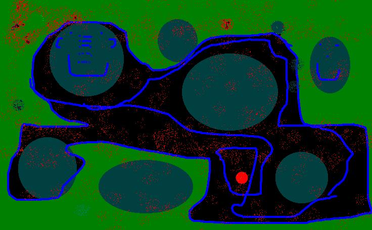 Disegno con Paint su fondo verde, con una forma nera bordata di blu piena di cerchi verde petrolio, uno con una faccia, e un punto rosso