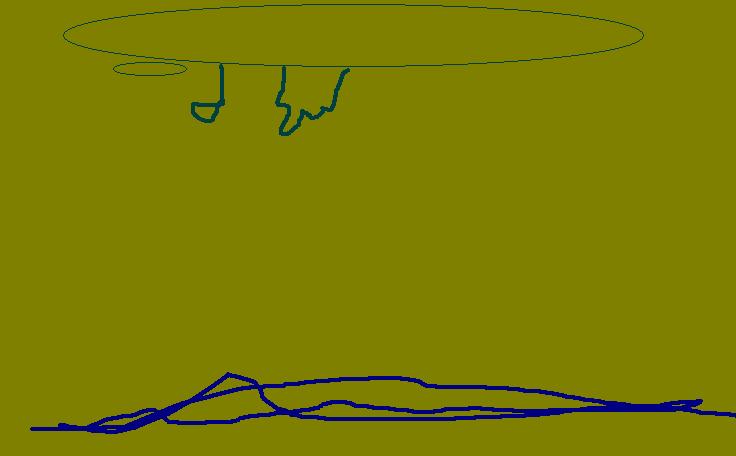 Disegno con Paint su fondo oliva, con un'ellisse sottile in alto, due piccoli segni blu che pendono e linee blu aggrovigliate in basso