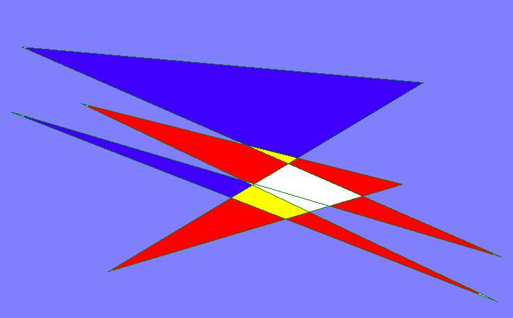 Disegno con Paint su fondo lilla, con triangoli allungati blu, rossi, gialli e bianchi che si incrociano