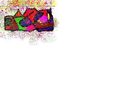 Disegno con Paint di forme colorate dai bordi neri, ammucchiate in un rettangolo e circondate da puntini colorati su fondo bianco