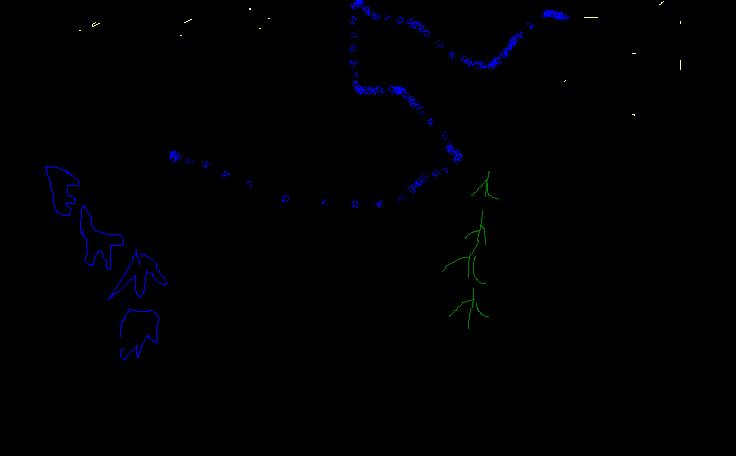 Disegno con Paint su fondo nero, con una fila di puntini blu, piccole impronte blu e un ramo verde