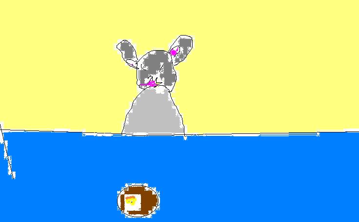 Disegno con Paint di un topo grigio dalle grandi orecchie sopra una striscia d'acqua azzurra con una tana marrone, su fondo giallo chiaro