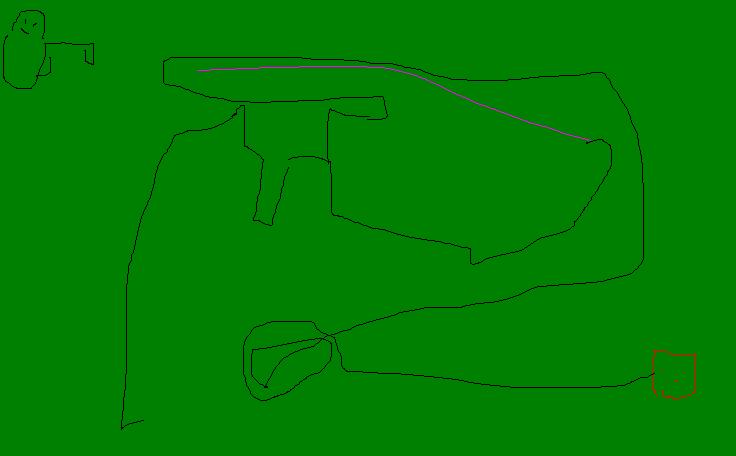 Disegno con Paint su fondo verde, con un labirinto a linea sottile e un piccolo quadrato rosso