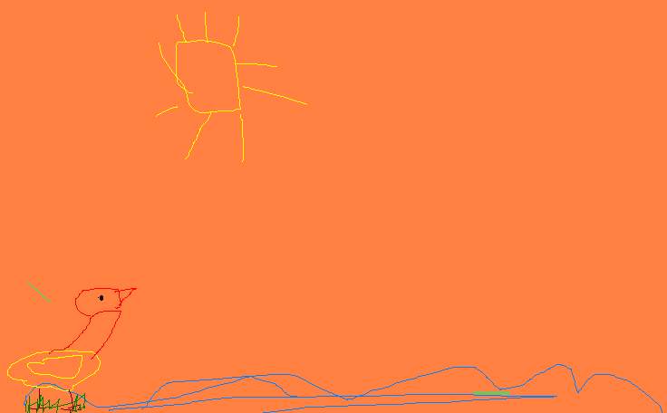 Disegno con Paint su fondo arancione, con un sole giallo a linee, una papera rossa e onde azzurre