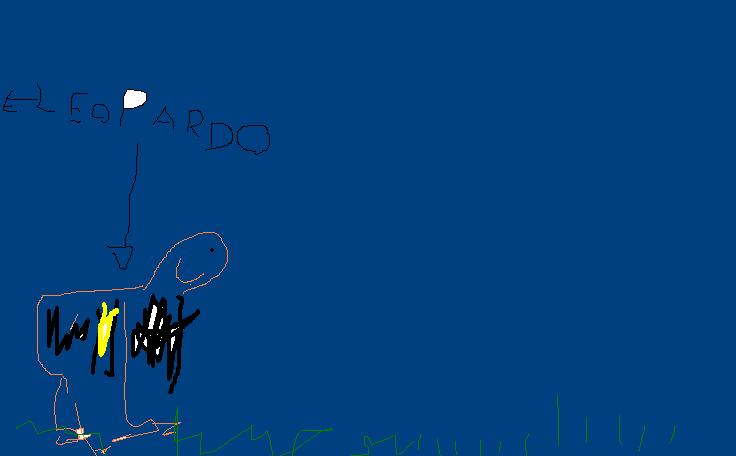 Disegno con Paint su fondo blu, con un animale a linee sottili macchiato di nero e giallo, una freccia e la scritta leopardo