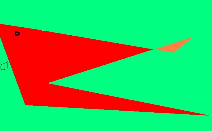 Disegno con Paint su fondo verde brillante, con una grande forma rossa a punta come una bocca aperta e una lingua arancione