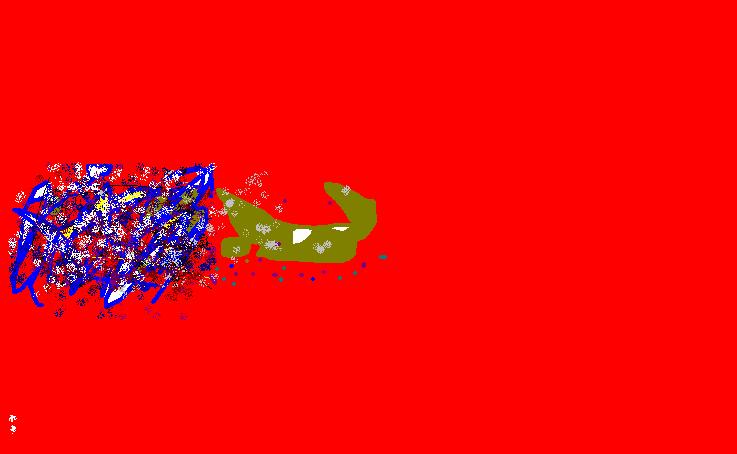 Disegno con Paint su fondo rosso, con un groviglio di linee blu e bianche e una sagoma olivastra