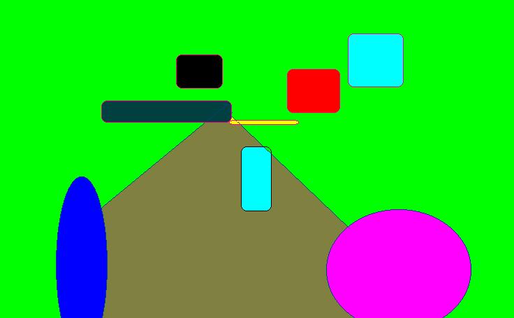 Disegno con Paint su fondo verde, con una strada a triangolo color oliva, rettangoli neri, rossi e azzurri e due ellissi blu e magenta