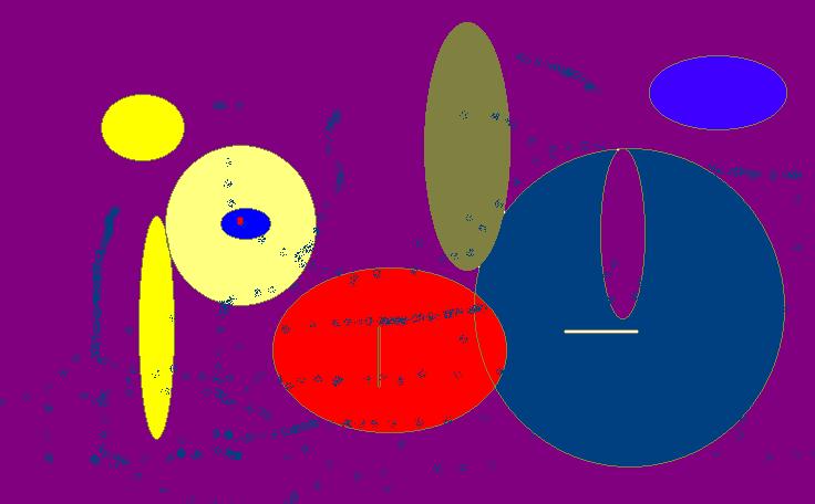 Disegno con Paint su fondo viola, con ellissi gialle, rosse, olivastre e blu sovrapposte e piccoli segni sparsi