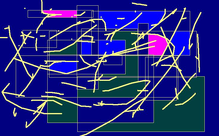 Disegno con Paint su fondo blu scuro, con rettangoli blu, verdi e magenta sovrapposti e attraversati da molte linee gialle