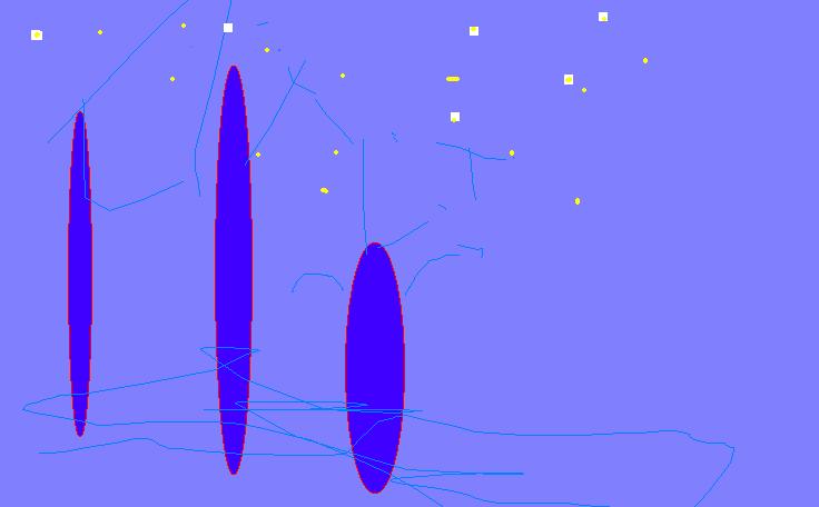 Disegno con Paint su fondo lilla, con tre ellissi verticali viola, sottili linee azzurre e puntini gialli e bianchi