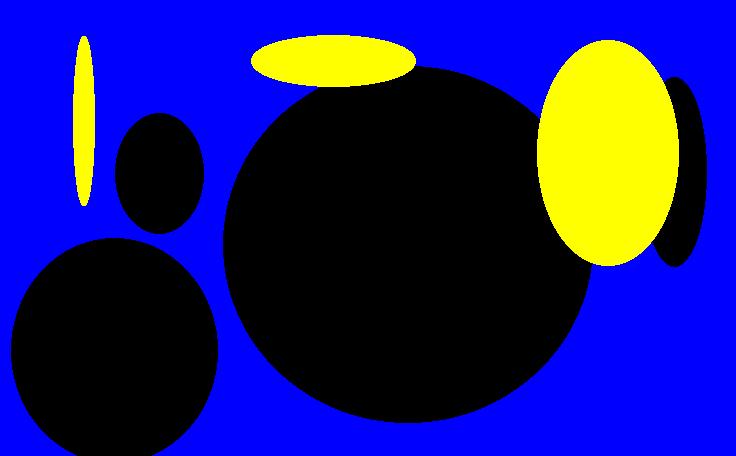 Disegno con Paint su fondo blu, con grandi cerchi neri ed ellissi gialle