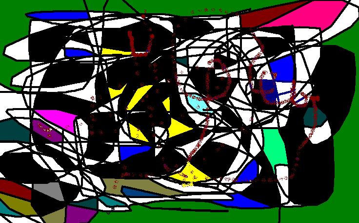 Disegno con Paint di forme nere, bianche, gialle, blu e magenta separate da spesse linee nere aggrovigliate, su fondo verde