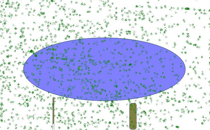 Disegno con Paint di una vasca ovale lilla su due gambe, circondata da puntini verdi su fondo bianco
