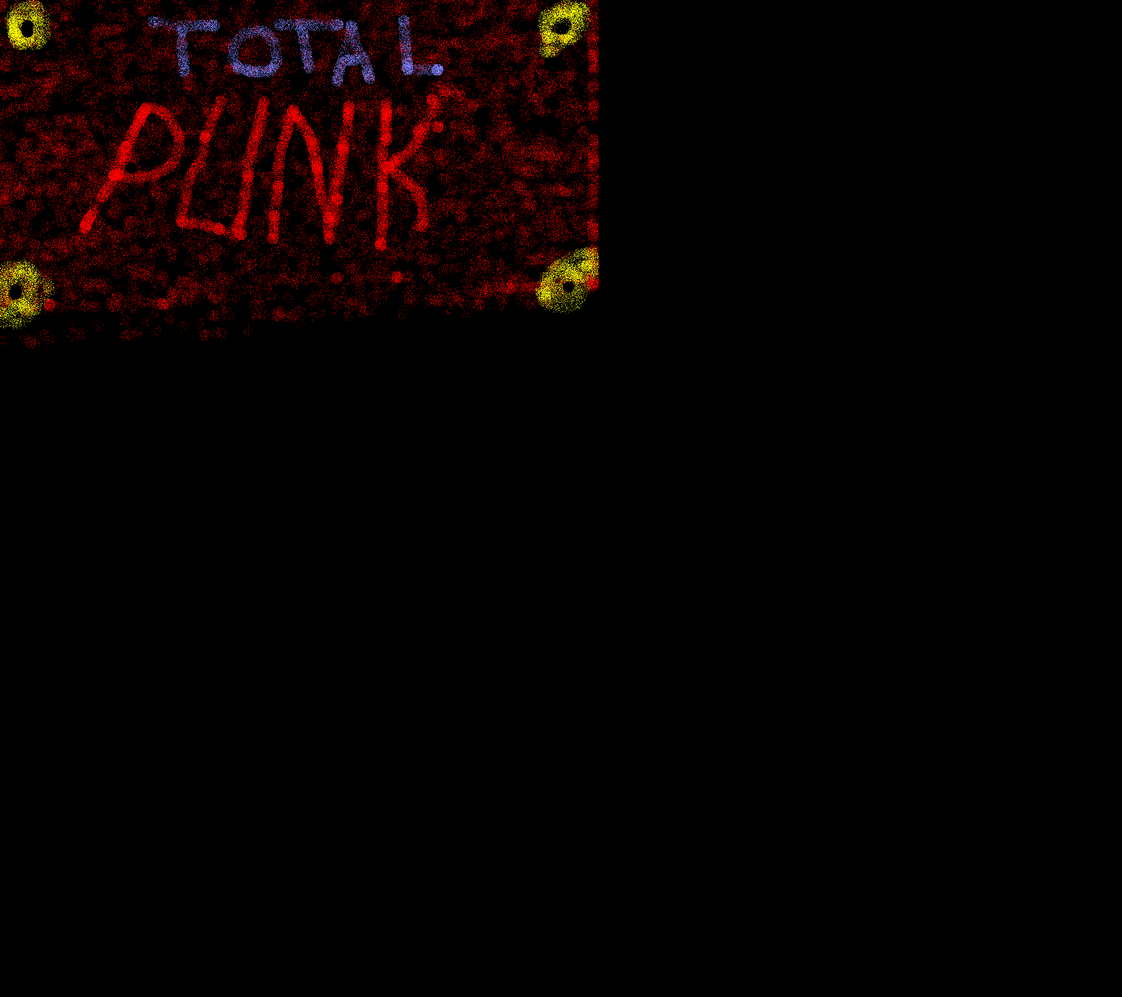 Disegno con Paint su fondo nero, con la scritta Total in lilla e Punk in rosso su una macchia rossa a spruzzo, tra quattro anelli gialli