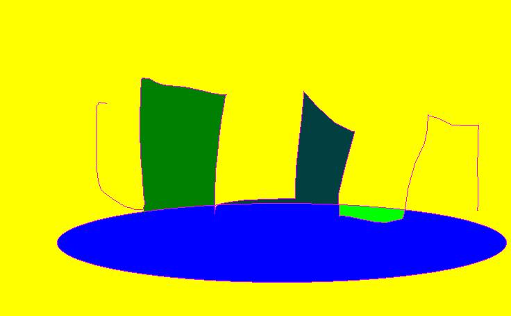 Disegno con Paint su fondo giallo, con quattro sagome alte, due verdi piene e due a contorno, sopra un'ellisse blu