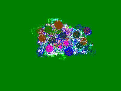 Disegno con Paint di sfere colorate a spruzzo ammucchiate al centro di un fondo verde