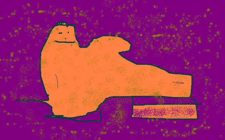 Disegno con Paint di una grande figura arancione con un piccolo volto accanto a una slitta rosa, su fondo viola a puntini