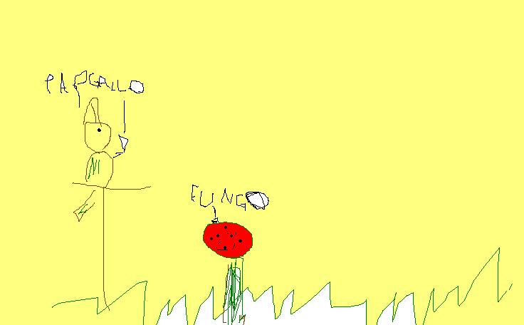 Disegno con Paint su fondo giallo chiaro, con un pappagallo su un trespolo, un fungo rosso a pallini, fili d'erba e le scritte pappagallo e fungo